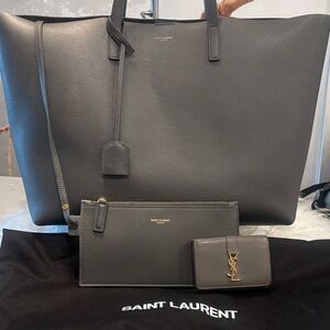 Saint Laurent Dark Gray Leather Tote/pouch/wallet